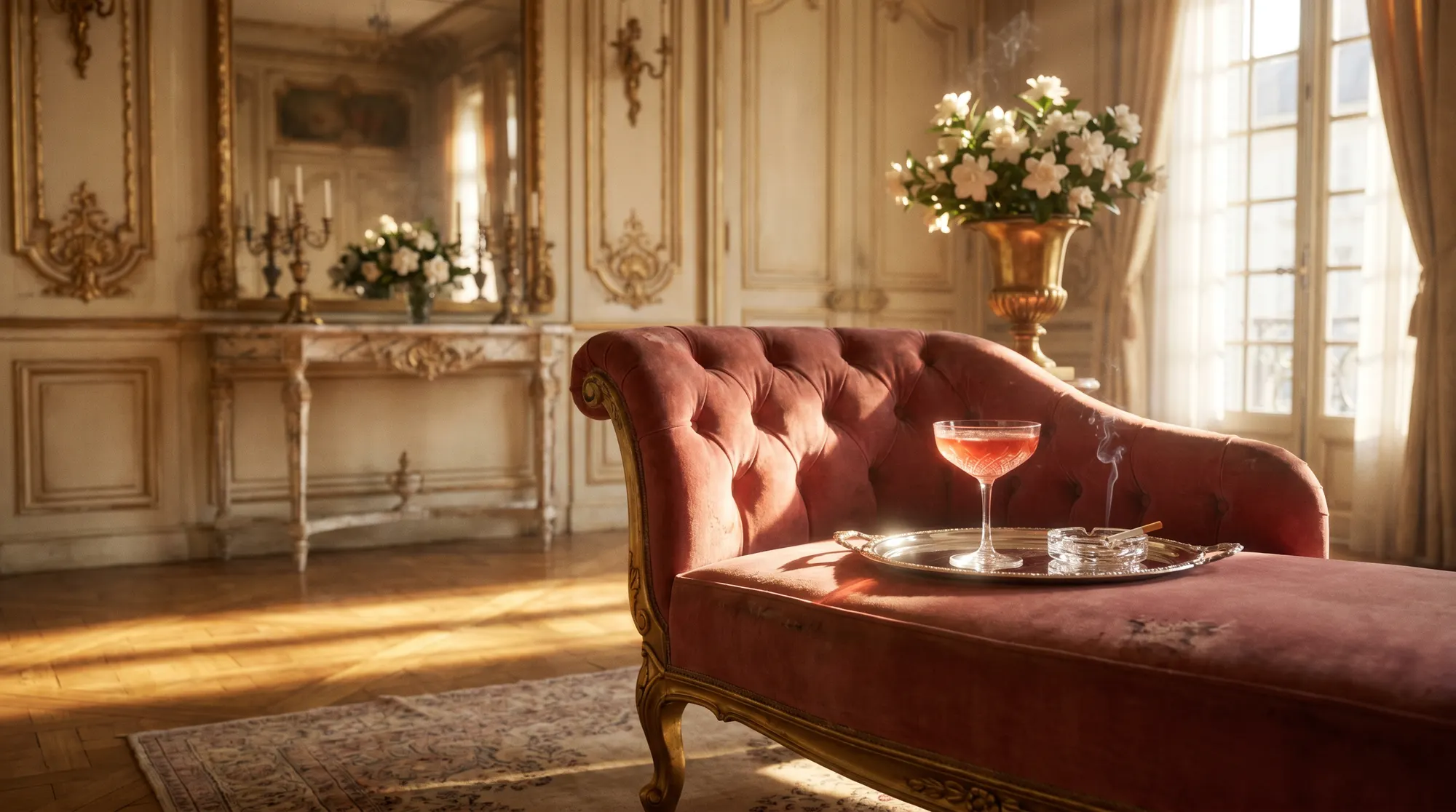 The Pink Room in the afternoon — tall windows, roses, and soft rose-coloured light