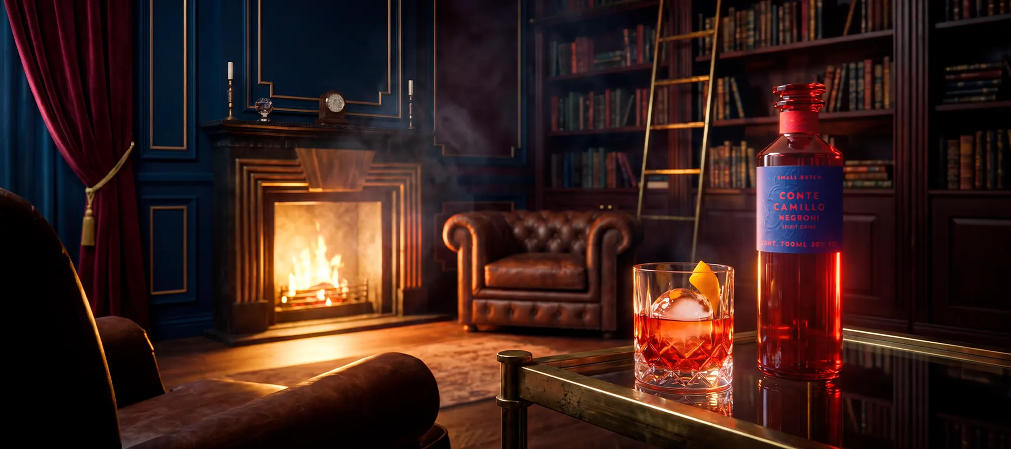 The Study in the evening — firelight, leather chairs, and shelves of books