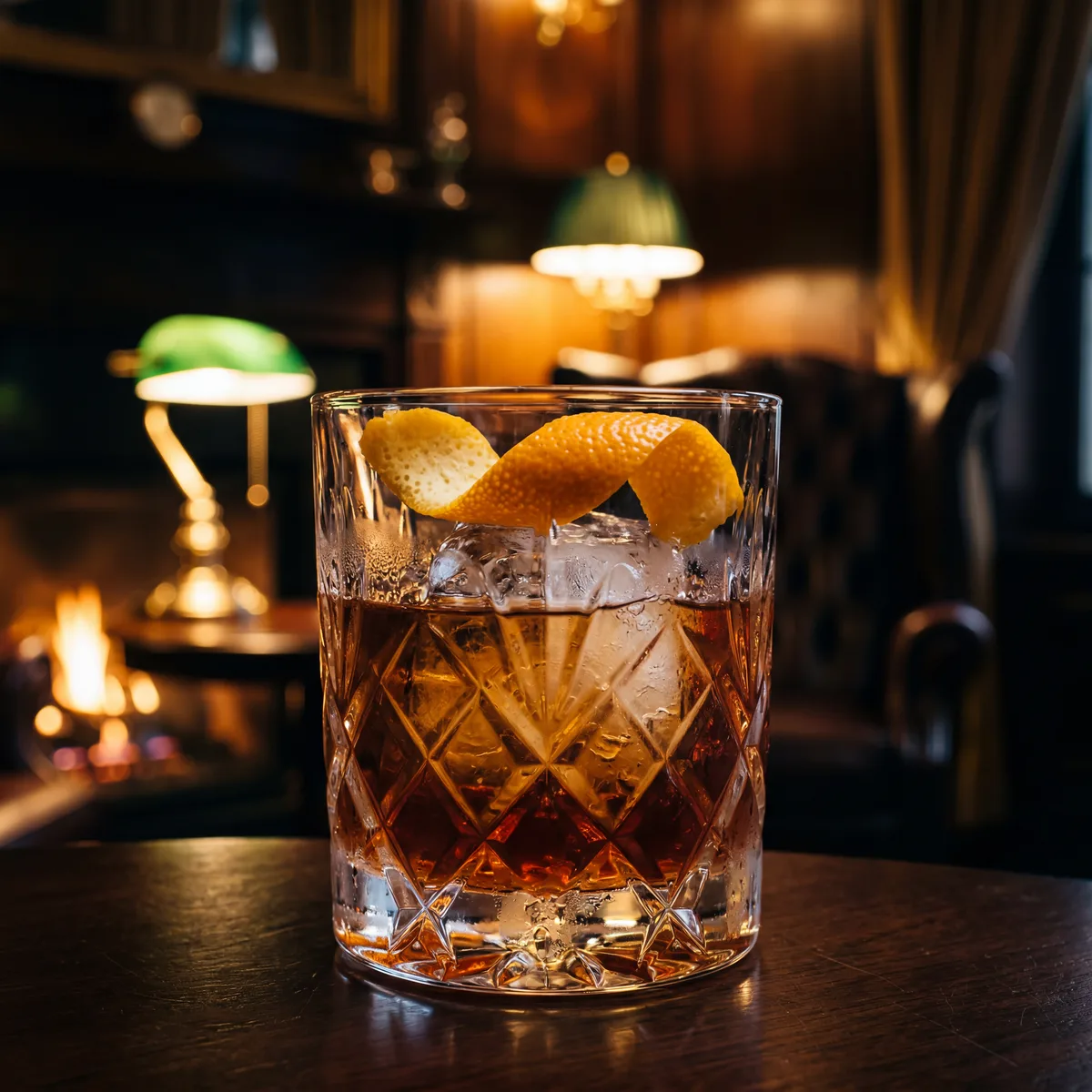 The Conte Camillo Old Fashioned over ice with an orange peel, lit by warm light