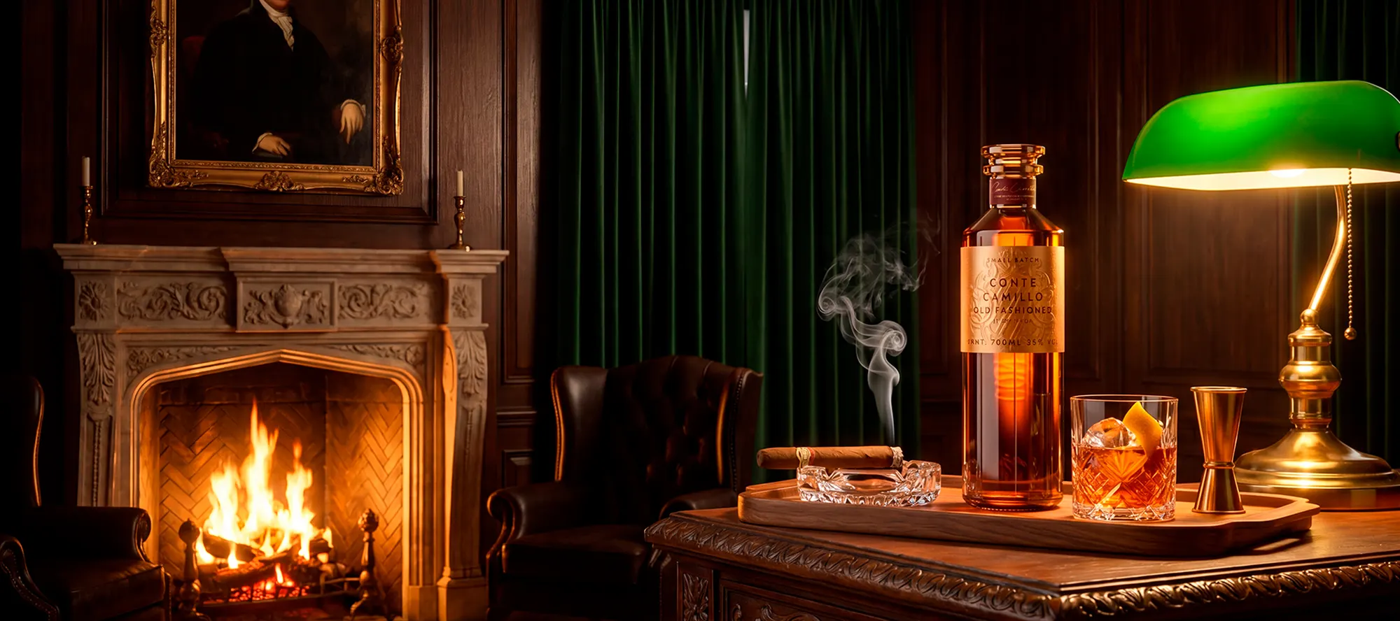 The Smoking Room at night — a fire lit, leather armchairs, and a library ladder